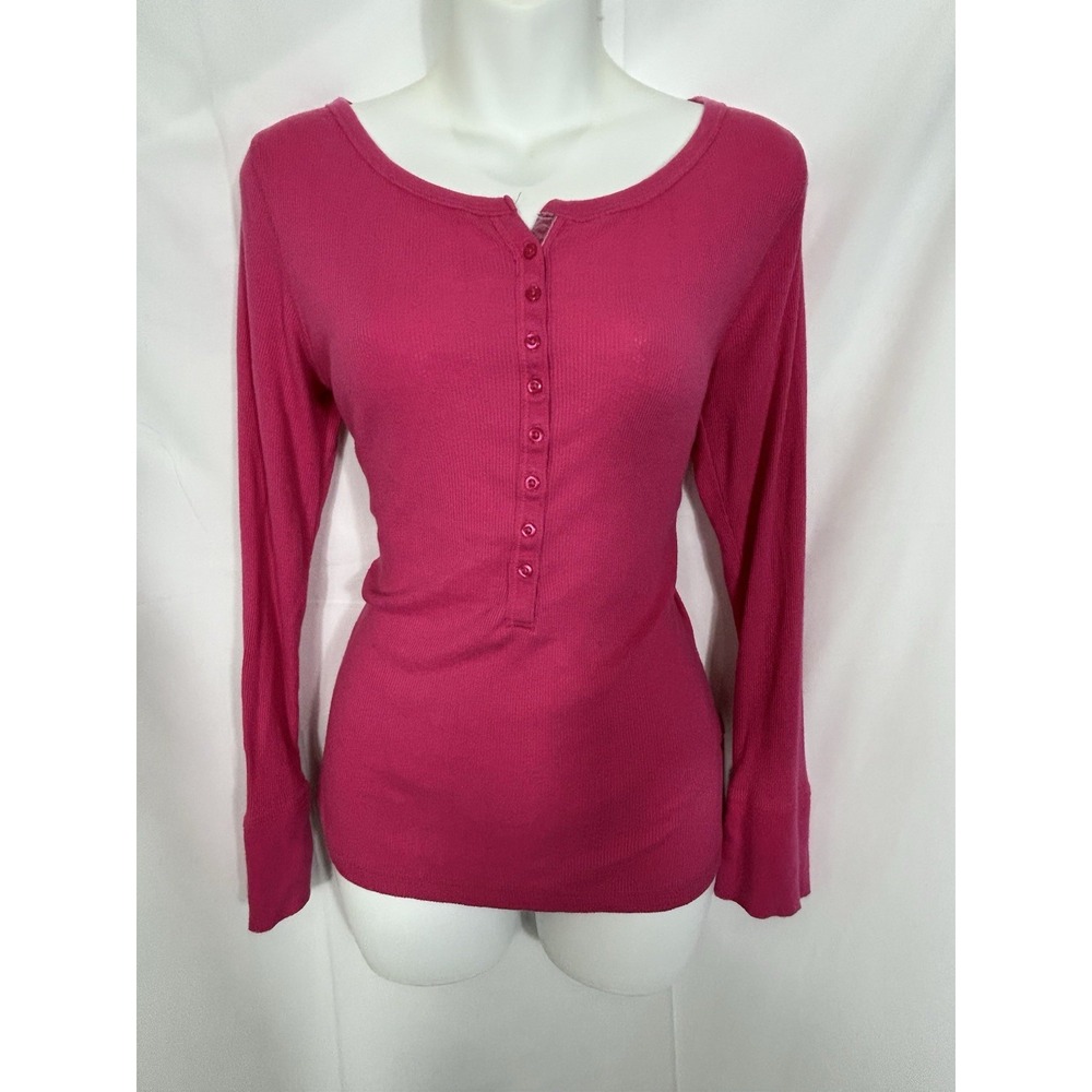 Vintage Y2K Pink Fitted Henley Top Size XL Long Sleeve Rib Knit Preppy Coquette